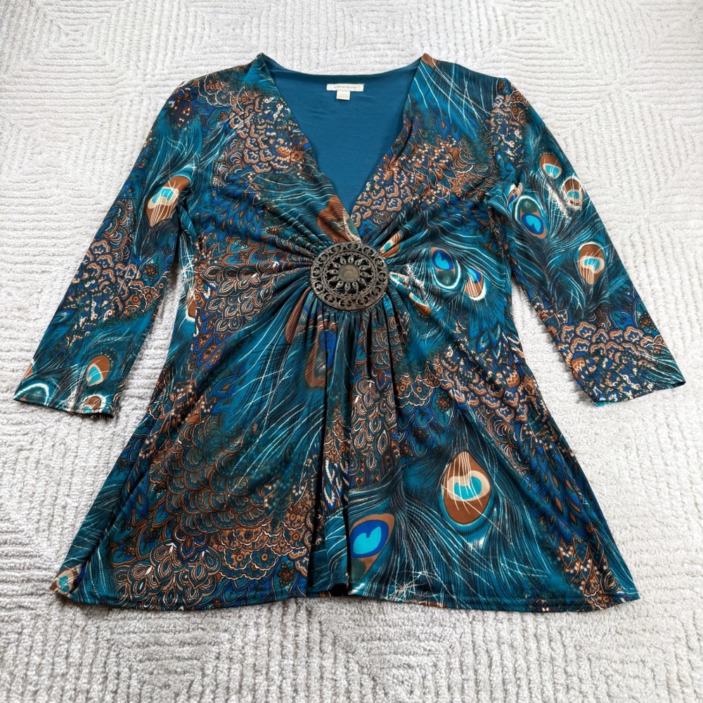 Boston Proper Peacock Print Top Womens Large Teal Medallion Boho Whimsigoth Y2K